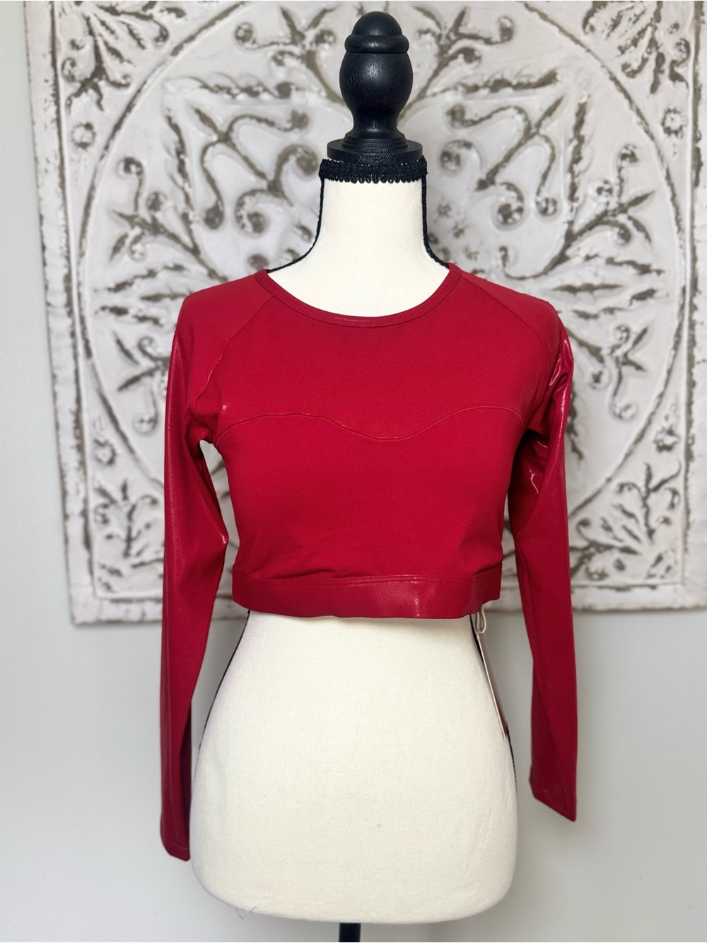 Fabletics Luxe360 Ginger Ressler Open Back Crop Top Red Long Sleeve NWT Size L